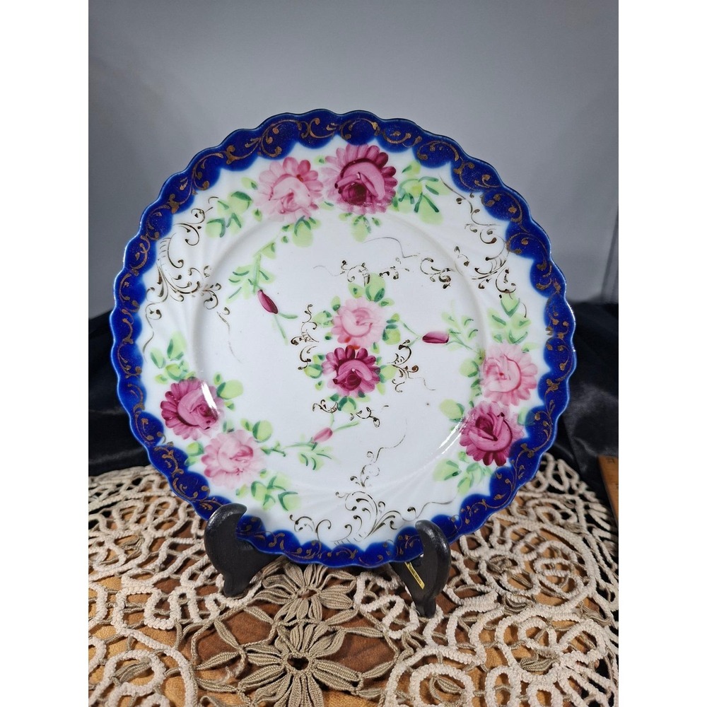 Antique Hand Painted Porcelain Plate Cobalt Blue Gold Gilt Pink Roses 7.5 Inch